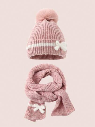 2件套蝴蝶结装饰儿童帽子围巾套装，可爱冬季针织帽和围脖，适合男婴和女婴