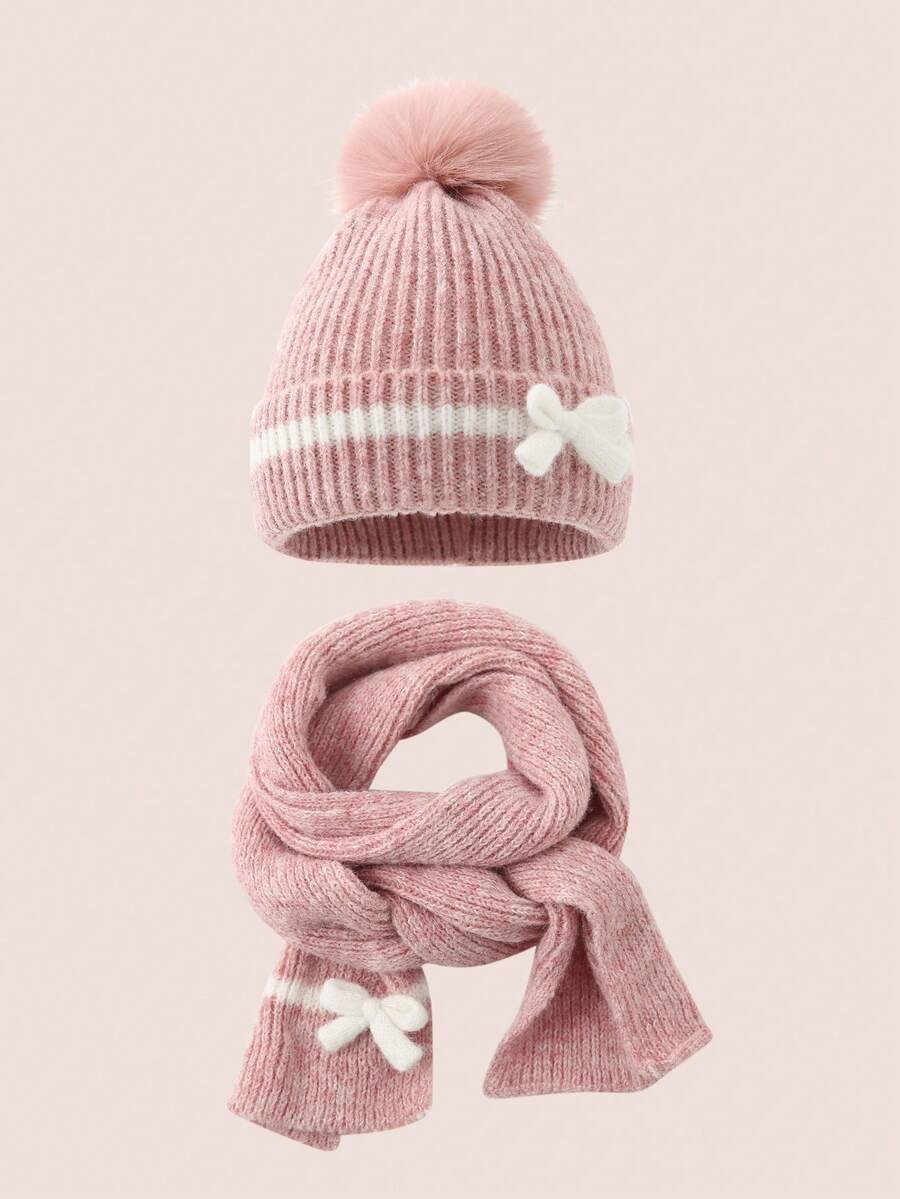 2pcs/Set Bow Decor Kids Hat & Scarf Set, Cute Winter Knit Beanie & Neck Warmer For Baby Boys & Girls - Multicolor - View 1