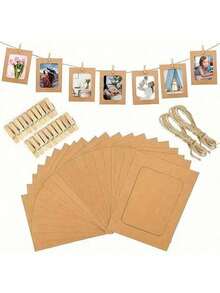 21pcs/Set Vintage Paper Photo Frames With Flag Banner Clips, Home Decor For Wedding, Anniversary, Birthday, Holiday Party, Desktop DIY Decoration (10 Frames + 10 Clips + 1 Jute Rope)