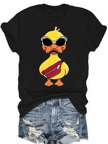 Camiseta con letras y patrones divertidos, unisex, de verano, casual, transpirable, con personalidad, cuello redondo, manga corta, ropa de calle, versátil, adecuada para adolescentes y adultos - Negro - Ver 1