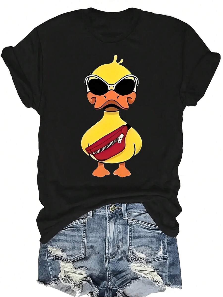 Camiseta con letras y patrones divertidos, unisex, de verano, casual, transpirable, con personalidad, cuello redondo, manga corta, ropa de calle, versátil, adecuada para adolescentes y adultos - Negro - Ver 1