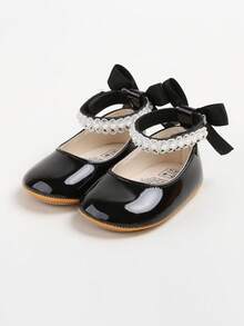 婴儿/新生儿玛丽珍平底鞋 - 婴儿学步鞋，柔软橡胶鞋底，公主风婚鞋 - 黑色 - 查看 4