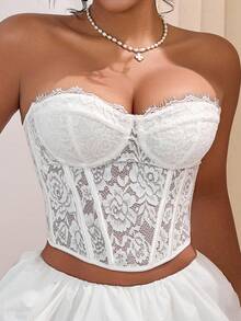 Yueweinini 性感优雅蕾丝材质毛边装饰纯色束身胸衣，女士无肩带半透明筒状婚纱上衣 白色 - 白色 - 查看 3
