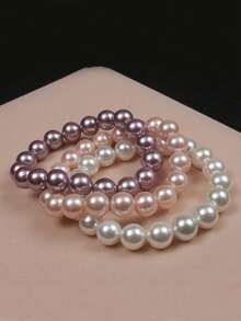 3 colores Elegante pulsera de perla de concha de estilo marinero | Pulsera elástica de cuentas redondas versátil y de moda | Simbolizando elegancia noble, amarillo, morado y blanco, regalo perfecto para mamá o novia en el Día de San Valentín, cumpleaños, hermosa pulsera para el Día de San Valentín, cumpleaños