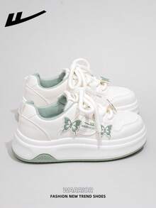 1双 WARRIOR 女士厚底系带软底休闲鞋，低帮户外平底鞋，圆头低跟优雅软底徒步鞋，适合学生、毕业照穿着，平底皮质休闲运动鞋 - 米綠色 - 查看 3