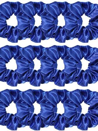 12pcs Solid Color Satin Silk Hair Scrunchies Set For Women, Soft Satin Elastic Hair Bands, Non-Damaging Hair Ties, Suitable For High Ponytail Casual Wear. Klein Blue Fashion Scrunchies Combo Set Hair Accessories