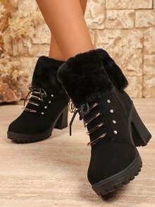1 双时尚简约青少年踝靴，全新秋冬设计，舒适保暖，装饰性系带粗跟，适合户外、日常通勤、派对和舞会 - 黑色 - 查看 2