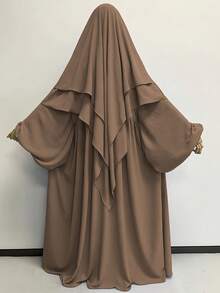 1 Set Soft Double-Layer Solid Color Hijabs Headscarf With Tie Design + Muslim Abaya Dress With Pleated Front Design, Classic Versatile Abaya Jilbab, Suitable For All Seasons, Casual, Cute, Elegant, Made Of Polyester