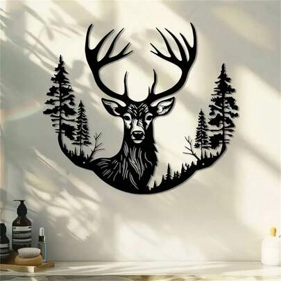 1PC Deer And Tree Metal Wall Art, Iron Sculpture With Majestic Stag And Forest Scene - Perfect For Home, Patio, Balcony Decor - Ideal Gift For Housewarming, Weddings, Mother's Day, Father's Day, Deer Home Decor Christmas Decorations Room Decor Christmas