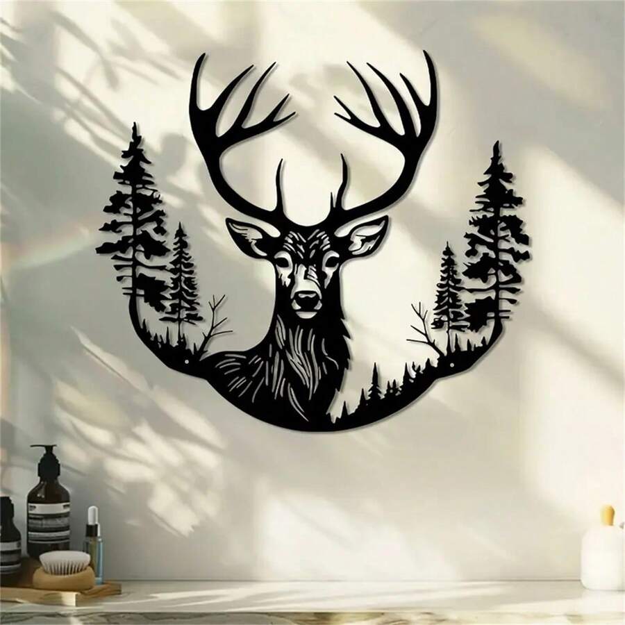 1PC Deer And Tree Metal Wall Art, Iron Sculpture With Majestic Stag And Forest Scene - Perfect For Home, Patio, Balcony Decor - Ideal Gift For Housewarming, Weddings, Mother's Day, Father's Day, Deer Home Decor Christmas Decorations Room Decor Christmas