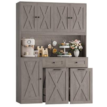 71" H Kitchen Trash Can Cabinet, 12.5 Gallon Double Pull Out Garbage Can Hutch Cabinet With Trash Bin Storage Holders, 47" Wide Kitchen Pantry With Hidden Garbage Storage, Ash Grey