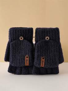 1 par de luvas de inverno, de lã, listradas, de cor sólida, de meio dedo, com aba, para homens e mulheres. Outono