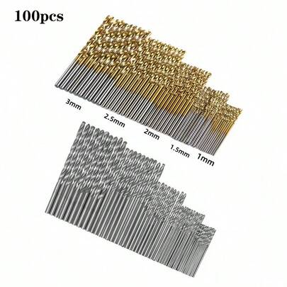 100 件钛涂层高速钢钻头套装，135° 尖端适用于 DIY 工艺品、木工、雕刻和珠宝制作 - 尺寸范围从 1/25 英寸到 1/8 英寸，圆柱形金属，麻花钻头适用于金属、木材、塑料，是家居装修的理想选择，简单的工具，方便实用