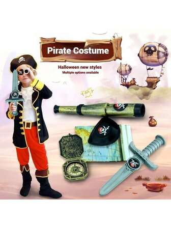 杰克·斯派洛风格儿童海盗服装套装（48 件）| 完整万圣节装扮装备，包含帽子、背心、剑和手枪，适合 6-15 岁男孩和女孩，服装和道具，生日礼物，节日礼物，礼品玩具，万圣节礼物，圣诞节礼物