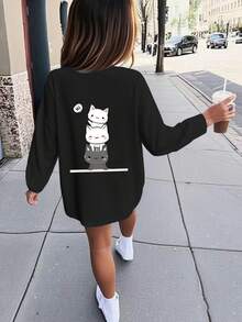 Cute Cat Portrait, Tween Girls' Casual Thick Round Neck Graphic Long Sleeve T-Shirt, Autumn/Winter