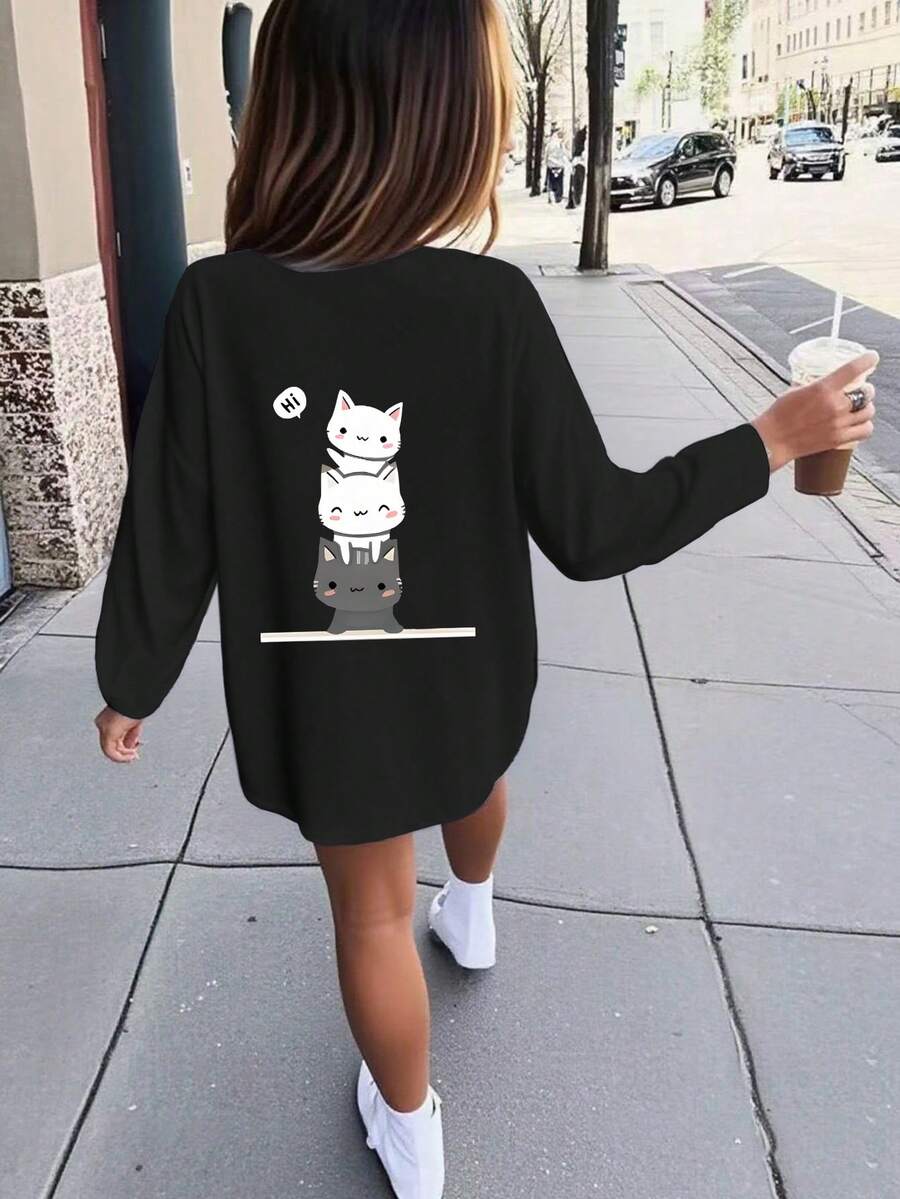 Cute Cat Portrait, Tween Girls' Casual Thick Round Neck Graphic Long Sleeve T-Shirt, Autumn/Winter