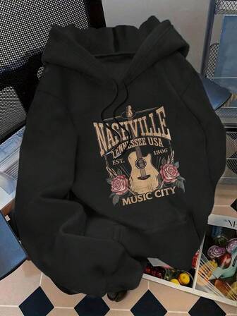 大码女式学院风复古音乐文字吉他玫瑰图案连帽长袖休闲春夏秋季女式大码长袖连帽卫衣感恩节外出上衣女式度假装