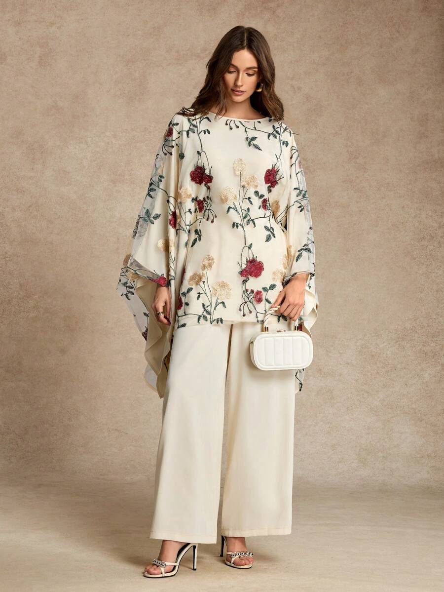 女士优雅束腰蝙蝠袖花卉刺绣网眼双层宽松套装，适合初秋度假休闲装 - 淡黃色 - 查看 1