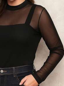 Women's Long Sleeve Tulle Blouse With High Neck Transparent Elegant - Casual Fashion And Fashion Simple Transparent None Holiday Evening All Seasons - 黑色 - 查看 4
