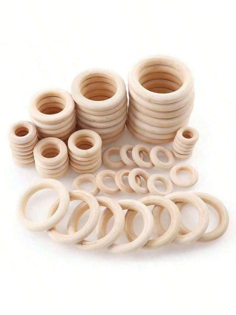20pcs Natural Wooden Craft Rings, Unfinished Wooden Rings In Various Sizes, Round Pendant Connectors For Jewelry Making - Khaki - View 1