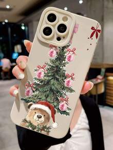 1 pieza Funda de teléfono suave beige con diseño personalizado de sombrero de Papá Noel y oso, compatible con iPhone 16/16Pro/16Plus/15/15ProMax/15Pro/11/12/13/14ProMax/12Mini/13Mini/11Pro/11ProMax/12Pro/12ProMax/13Pro/13ProMax/14Pro/14ProMax, diseño creativo de alta gama