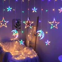 Eid LED Vorhang Lichter - Innen/Außen funkelnde Sterne & Monde USB/Batterie betrieben Fenster Wand Dekoration, Feiertags Party Deko (6 Monde & Sterne LED Lichter) - Farblicht - Übersicht 6