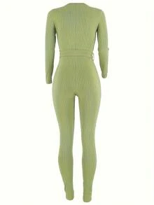 Women's Solid Tie-Waist Skinny Jumpsuit, Casual Long Sleeve V Neck Jumpsuit For Spring & Fall, Women's Clothing, Casual Ribbed Set, Long Sleeve Belted Sexy Bodycon Rompers - 綠色 - 查看 5