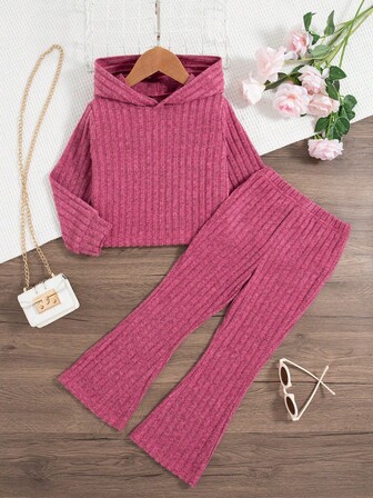 Solid Color Ribbed Knit Minimalist Hooded Long Sleeve Top + Flared Leg Pants