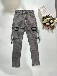 女款 Y2K 修身休闲牛仔翻盖口袋侧边工装裤 - 灰色 - 查看 6