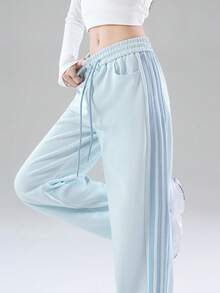 4-Stripe Mist Blue Patchwork Elastic Waist Casual Slim Fit Sports Pants For Women, Spring/Autumn/Winter - 1A67 Haze Blue Spelling Blue - View 4