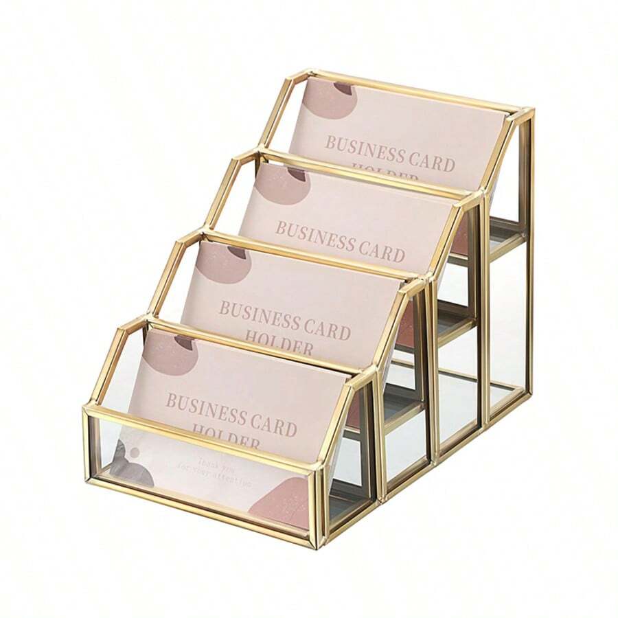 4 Slots Glass Business Card Holder For Desktop, Golden Mirrored Business Card Display Stand, Multiple Clear Business Name Card Organizer Holder For Office Exhibition - Gold - View 1