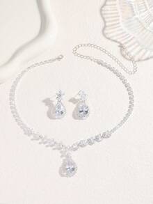 3pcs Luxury Zirconia Water Drop Necklace Earrings Jewelry Set, Elegant For Daily Commute, Bridal Wedding Party, Versatile Accessory - Silver - View 3