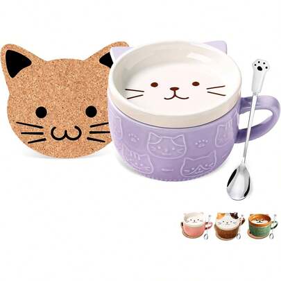 Regalo para mujer, taza linda de gato Kawaii, taza de té de cerámica rosa, taza de café con tapa, tazas de té y platillos, accesorios lindos y modernos, lindos regalos de gato para amantes de los