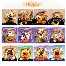 100 túi đựng kẹo ăn vặt phong cách Halloween, túi đựng kẹo tự dính hình lâu đài hoạt hình dễ thương, ma, mèo, bí ngô, túi đựng quà tặng tiệc Halloween - Nhiều màu - Xem 8