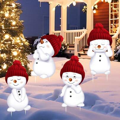 4 Peças Estaca Decorativa de Plástico para Jardim de Natal, Decorações Natalinas Externas - Placas de Jardim em Formato de Boneco de Neve com Estacas, Jardim, Gramado, Entrada, Ornamentos Festivos de Ano Novo Montados em Estacas