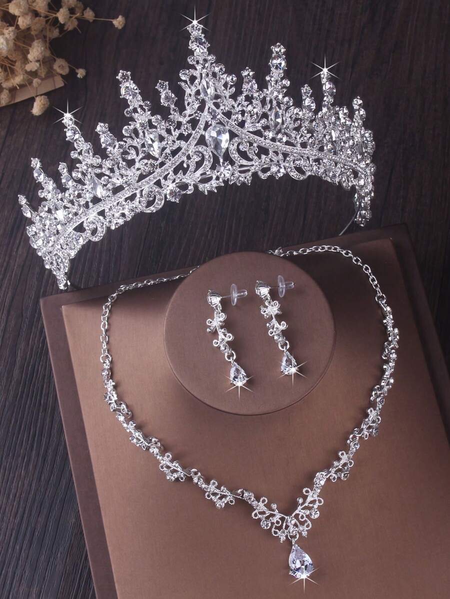 3pcs/Set Luxury Bridal Crown Headpiece, Baroque Style Queen Crown, Necklace & Earrings Wedding Dress Accessories - Silver - View 1
