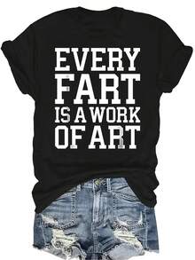 Camiseta divertida con estampado de pedos para mujer y unisex, de verano, casual, transpirable y de personalidad, con cuello redondo y manga corta, de uso versátil, adecuada para adolescentes y adultos - Negro - Ver 1