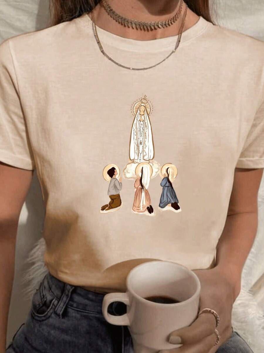 Women's T-Shirt Our Lady Of Fatima 100% Cotton Fashion T-Shirt Gospel Religion Catholic - Màu Khaki - Xem 1