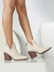 2024新款法式踝靴女款，英伦风秋冬新款尖头粗跟踝靴，后拉链设计 - 米色 - 查看 5