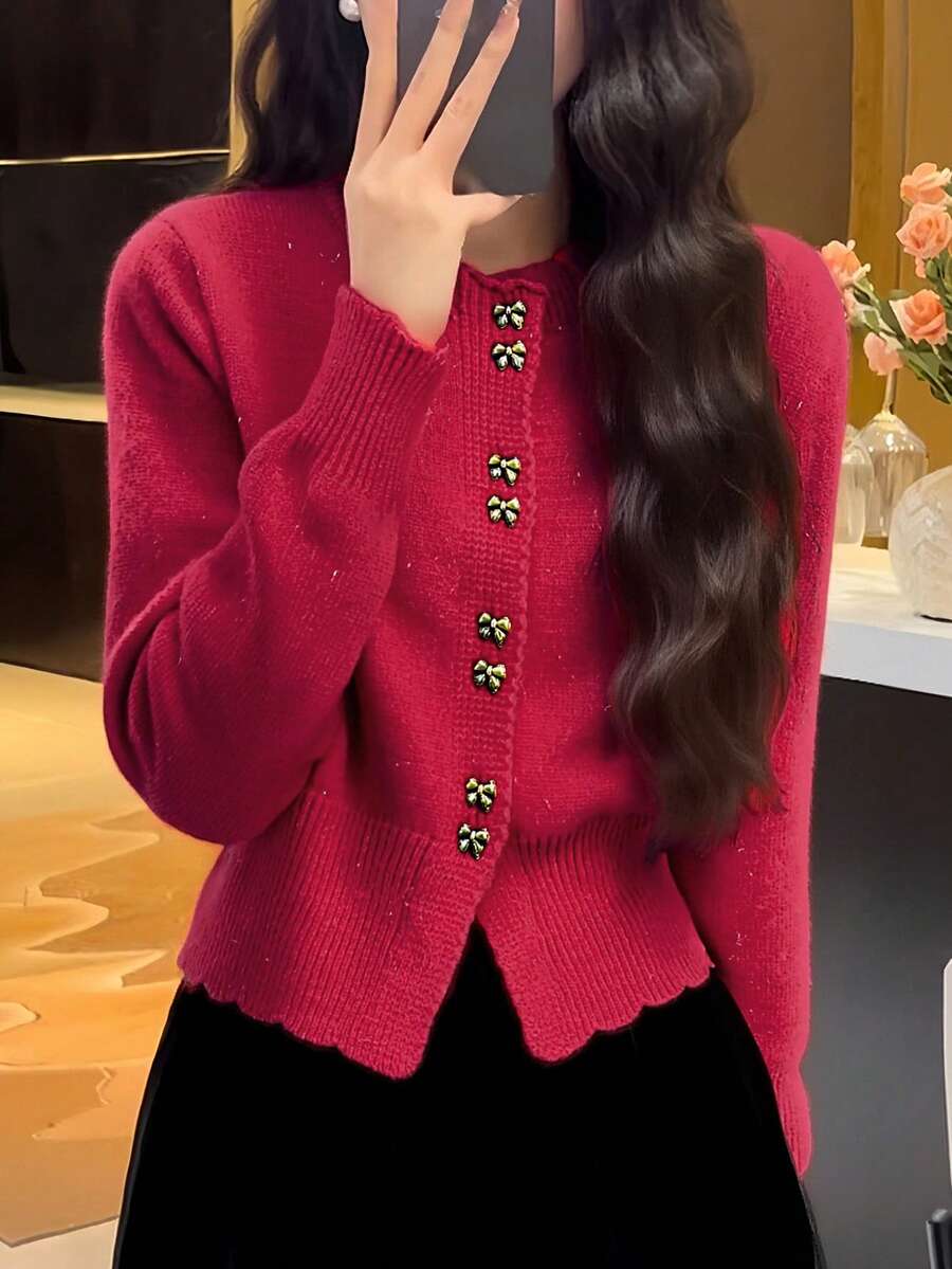 Alicedudu 女士节日气氛精致纽扣设计圆领毛衣开衫，秋冬 - 暗紅 - 查看 1