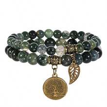 2pcs Women's Stone Bead Bracelet Set - Nature Tree Of Life & Leaf Pendant, Elastic Design - Mardi Gras Day Jewelry Perfect For Festival, Anniversary, Birthday Gift