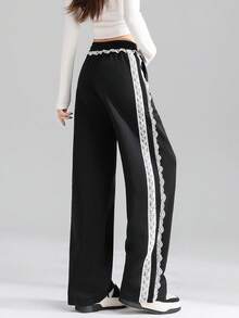 Quần dài nữ JUTU phối ren, màu xám, kiểu dáng thường ngày, cạp chun, phong cách Hàn Quốc, họa tiết hoa ngọt ngào và mát mẻ, thích hợp cho mùa xuân, thu và đông. - 1A07 đen - Xem 5