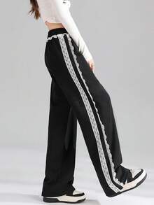 Quần dài nữ JUTU phối ren, màu xám, kiểu dáng thường ngày, cạp chun, phong cách Hàn Quốc, họa tiết hoa ngọt ngào và mát mẻ, thích hợp cho mùa xuân, thu và đông. - 1A07 đen - Xem 6