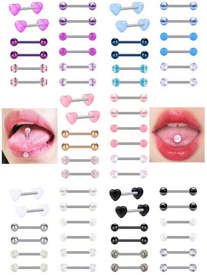 12pcs/Set 14G Stainless Steel Straight Barbell Tongue Rings, Body Piercing Jewelry, 14mm Length, For Women