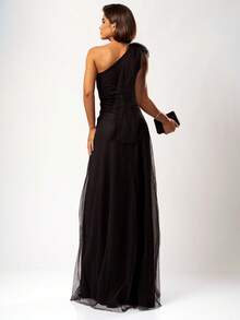 LONG WEDDING PARTY DRESS FOR GODMOTHER IN TULLE WITH FLOWER ON THE SHOULDER - BLACK - View 2