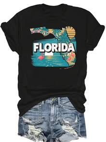 Camiseta gráfica de Florida para mujer y unisex, de verano, casual, transpirable, de personalidad, cuello redondo, manga corta, ropa de calle, versátil, adecuada para adolescentes y adultos - Negro - Ver 1