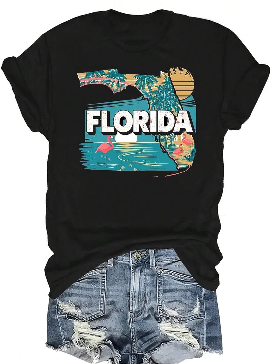 Camiseta gráfica de Florida para mujer y unisex, de verano, casual, transpirable, de personalidad, cuello redondo, manga corta, ropa de calle, versátil, adecuada para adolescentes y adultos - Negro - Ver 1