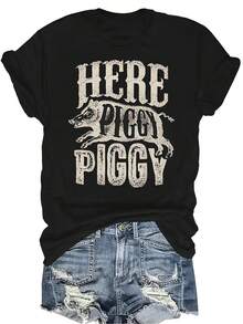 Camiseta de caza de jabalí vintage "Here Piggy Piggy" para mujeres y unisex, de verano, casual, transpirable, de cuello redondo, manga corta, estilo callejero y versátil, adecuada para adolescentes y adultos - Negro - Ver 1