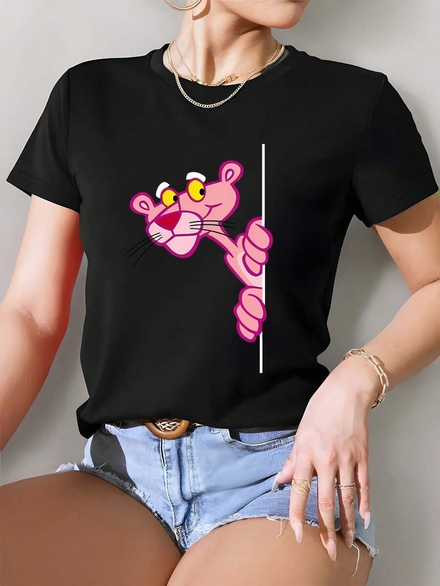 Pink Pant Her Full Portrait Premium Valentines Day For Women T-Shirt, Women's 220g Round Neck Casual Heavy Pure Cotton T-Shirt (1 PC) - 黑色 - 查看 1