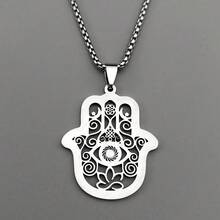 Hamsa Fatima's Hand Evil Eye Lotus Stainless Steel Necklace For Women Men Gold Color Rhinestones Islam Chain Arabic Jewelry
